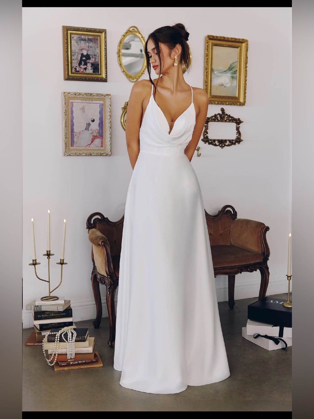 White Spaghetti-Strap Draped V-Neck Prom Dress